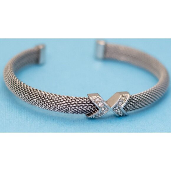 7 inch, Vintage Cross X Chained Bangle Silver Tone Cuff Bracelet - N35 - Picture 2 of 3